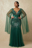 Dark Green Sparkly Appliqued Mermaid Floral Long Mother of the Bride Dress with Cape