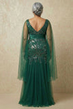 Dark Green Sparkly Appliqued Mermaid Floral Long Mother of the Bride Dress with Cape