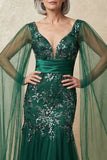Dark Green Sparkly Appliqued Mermaid Floral Long Mother of the Bride Dress with Cape