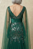 Dark Green Sparkly Appliqued Mermaid Floral Long Mother of the Bride Dress with Cape
