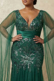 Dark Green Sparkly Appliqued Mermaid Floral Long Mother of the Bride Dress with Cape