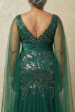 Dark Green Sparkly Appliqued Mermaid Floral Long Mother of the Bride Dress with Cape