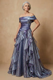 Dusty Blue Ruffled Off the Shoulder Glitter Long Prom Dress Mother of the Bride Dress