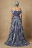 Dusty Blue Ruffled Off the Shoulder Glitter Long Prom Dress Mother of the Bride Dress