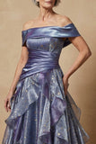 Dusty Blue Ruffled Off the Shoulder Glitter Long Prom Dress Mother of the Bride Dress
