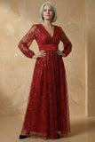 Burgundy Sparkly V Neck Sequin A Line Long Mother of the Bride Dress