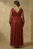 Burgundy Sparkly V Neck Sequin A Line Long Mother of the Bride Dress