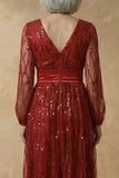 Burgundy Sparkly V Neck Sequin A Line Long Mother of the Bride Dress