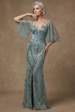 Grey Green Sparkly Appliqued Sequin Mermaid Long Mother of the Bride Dress with Slit