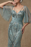 Grey Green Sparkly Appliqued Sequin Mermaid Long Mother of the Bride Dress with Slit