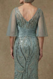 Grey Green Sparkly Appliqued Sequin Mermaid Long Mother of the Bride Dress with Slit