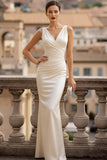 Ivory Mermaid Ruched V-Neck Long Wedding Reception Dress
