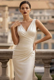 Ivory Mermaid Ruched V-Neck Long Wedding Reception Dress