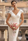 White Mermaid V-Neck Ruched Long Wedding Reception Dress