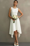 White Scoop Neck Ruched Asymmetrical Engagement Dress