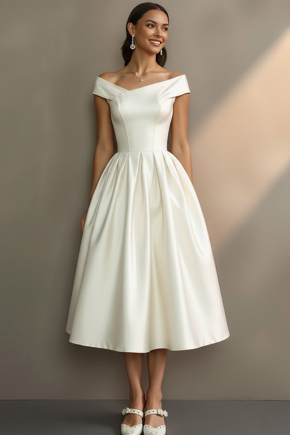 Leely Women Simple White Midi Engagement Dress Off the Shoulder A Line