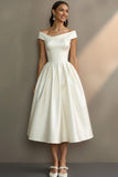 Simple White Off the Shoulder A Line Midi Engagement Dress