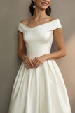 Simple White Off the Shoulder A Line Midi Engagement Dress