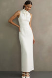 Simple White High Neck Long Wedding Reception Dress with Bow