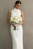Simple White High Neck Long Wedding Reception Dress with Bow