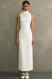 Simple White High Neck Long Wedding Reception Dress with Bow