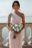 Sparkly English Rose Beaded Mermaid Ruched Maxi Bridesmaid Dress with Slit
