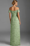 Floral Green Ruched Sheath Long Bridesmaid Dress with Ruffles