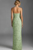Floral Green Mermaid Spaghetti Straps Ruched Long Bridesmaid Dress with Slit