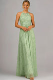 Floral Halter Neck A Line Ruched Long Bridesmaid Dress with Slit