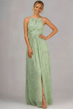 Floral Halter Neck A Line Ruched Long Bridesmaid Dress with Slit