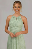 Floral Halter Neck A Line Ruched Long Bridesmaid Dress with Slit