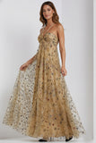 Floral Dark Yellow Halter Neck A Line Long Wedding Guest Dress