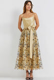 Floral Champagne Spaghetti Straps Long Wedding Guest Dress with Bow