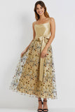 Floral Champagne Spaghetti Straps Long Wedding Guest Dress with Bow