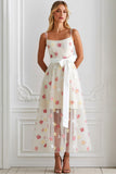 Floral White Spaghetti Straps A Line Long Wedding Guest Dress with Bow
