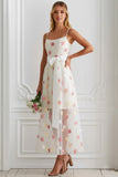 Floral White Spaghetti Straps A Line Long Wedding Guest Dress with Bow