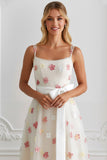 Floral White Spaghetti Straps A Line Long Wedding Guest Dress with Bow
