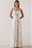 Floral White Thick Straps Sheath Backless Long Bridesmaid Dress