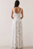 Floral White Thick Straps Sheath Backless Long Bridesmaid Dress