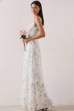 Floral White Thick Straps Sheath Backless Long Bridesmaid Dress