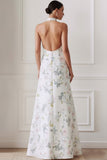 Floral White Halter Neck Backless Long Bridesmaid Dress