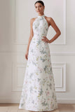 Floral White Halter Neck Backless Long Bridesmaid Dress