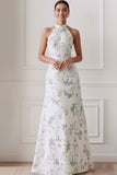 Floral White Halter Neck Backless Long Bridesmaid Dress