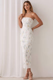 Floral White Strapless Sheath Long Bridesmaid Dress