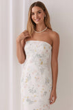Floral White Strapless Sheath Long Bridesmaid Dress