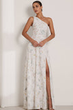Floral White One Shoulder Long Bridesmaid Dress with Slit