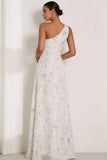 Floral White One Shoulder Long Bridesmaid Dress with Slit