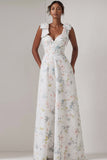 Floral White Thick Straps A Line Long Bridesmaid Dress