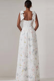 Floral White Thick Straps A Line Long Bridesmaid Dress