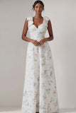 Floral White Thick Straps A Line Long Bridesmaid Dress